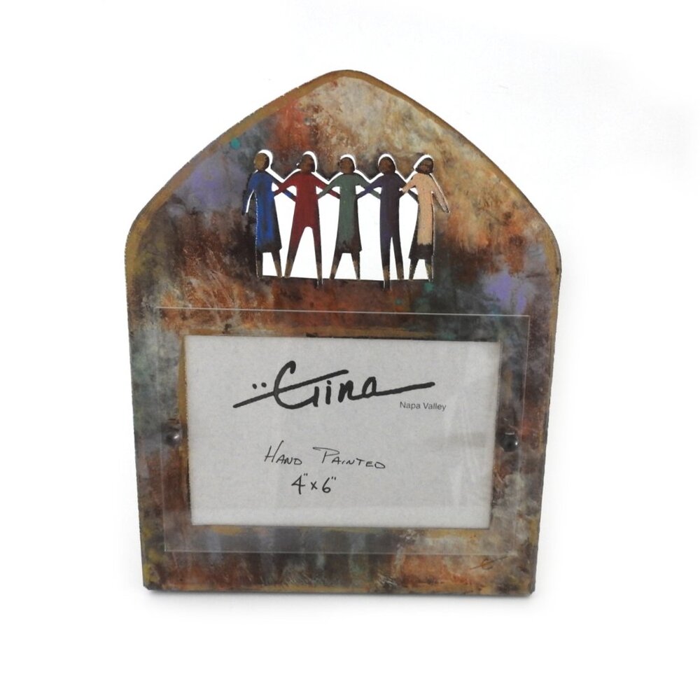 Artisan Tabletop Metal Picture Frame by Gina 4"X6" Coloful Unity Design Signed